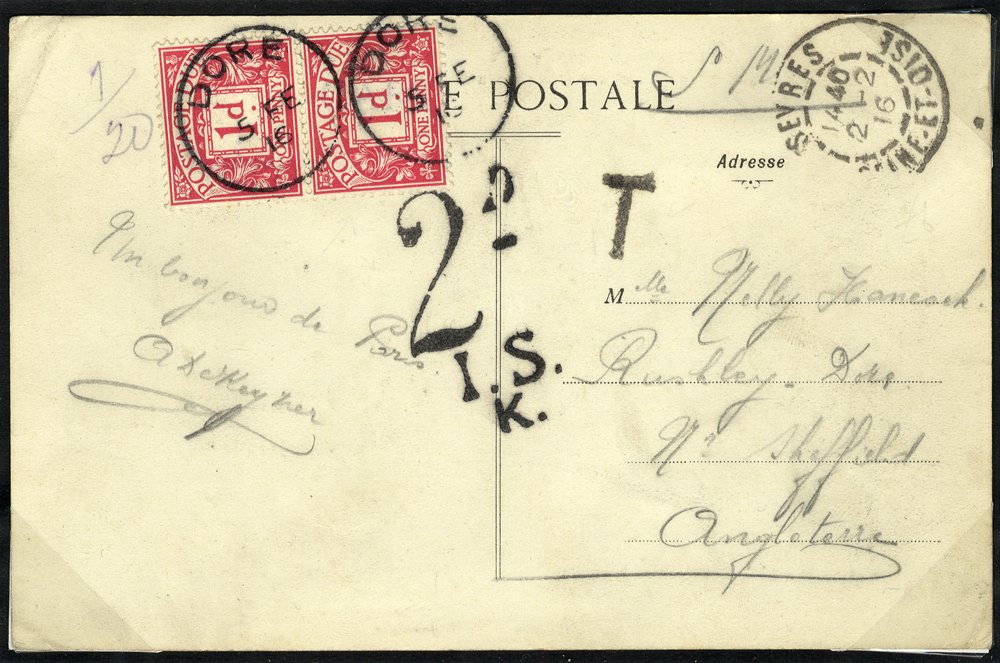 1916 Postage Due postcard from France to London