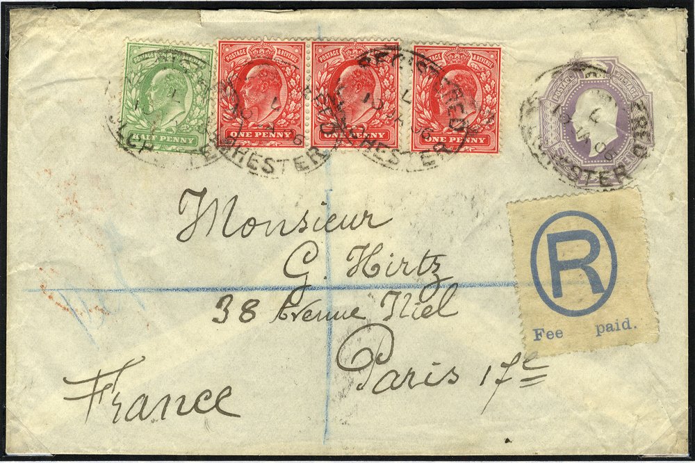 1906 6d stationery envelope uprated to Paris