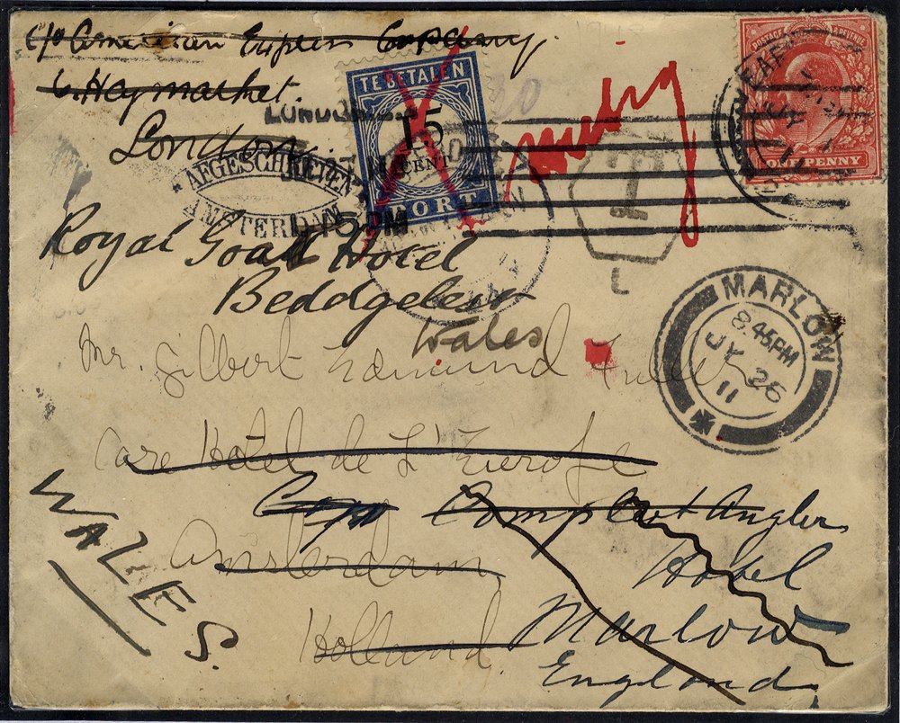 1911 travelled cover to Holland then London then Wales with Postage Due
