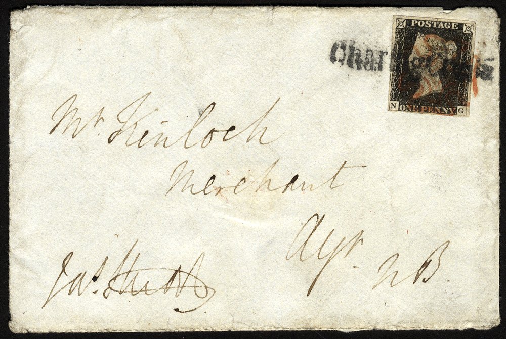 1840 penny black Plate 2 cover tied Red Cross + Charing Cross straight line