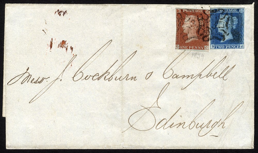 1844 cover to Edinburgh franked 1841 1d + 2d tied No 3 in Maltese Cross