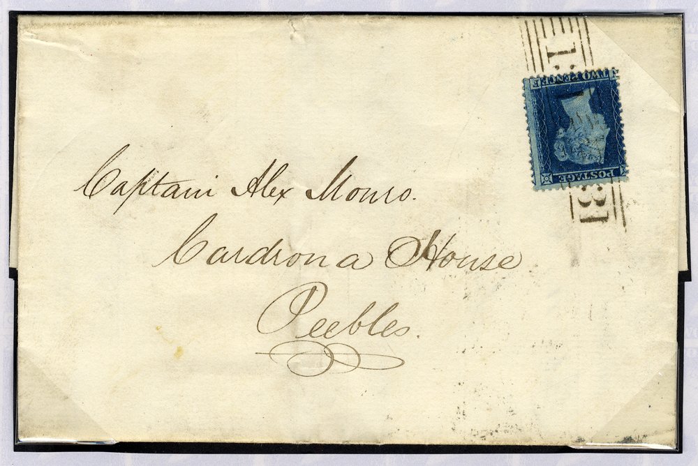 1858 cover Edinburgh to Peebles 2d Plate 5 tied Edinburgh roller