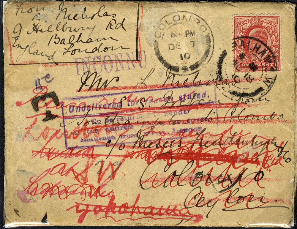 1910 cover to Ceylon forwarded to Japan via Singapore & Hong Kong