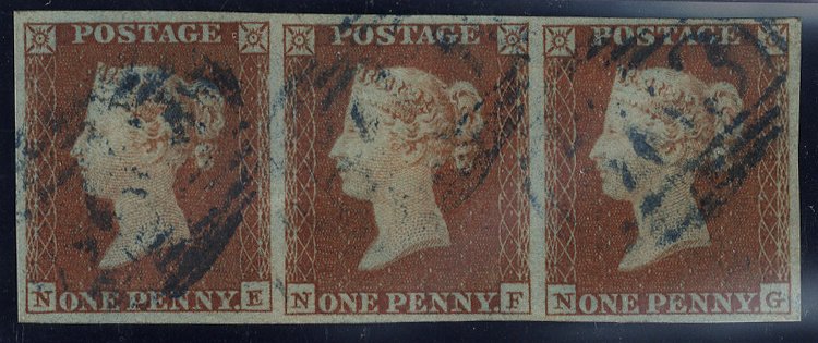 1841 penny red STRIP OF THREE cancelled BLUE numerals