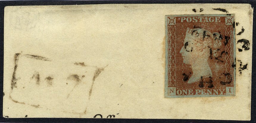 1841 penny red from black Plate 2 town date stamp