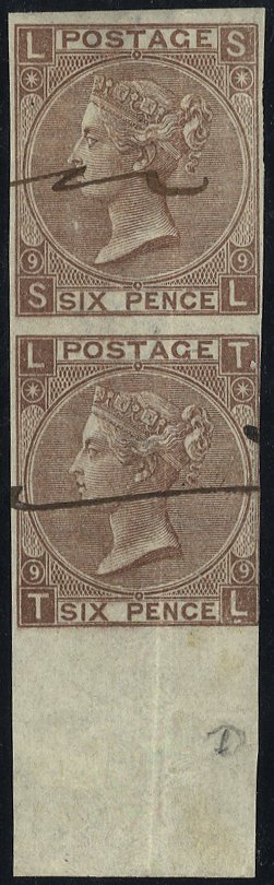 1870 6d Plate 9 COLOUR TRIAL in dull brown part M/S 'SPECIMEN' SL/TL marginal pair on gummed watermarked paper