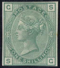 1876 1s green Pl.13 Wmk Spray IMPRIMATUR