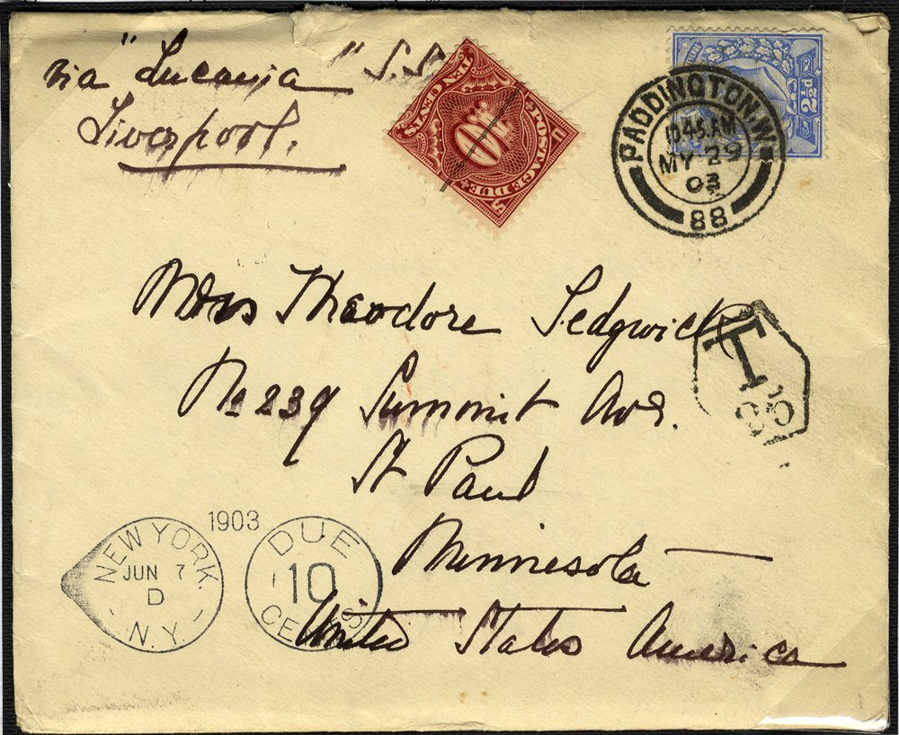 1902 KEVII 2&frac12;d + USA 10c Due cover to Minnesota