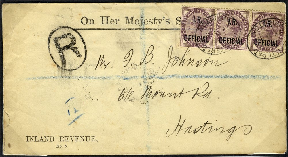 1901 OFFICIAL envelope, Brighton to Hastings, franked 1d lilac I.R OFFICIAL strip of three