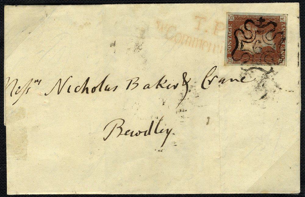 1843 cover to Bewdley, franked 1d red brown Pl.34 DA, superb strike of the London number '6' in Maltese Cross