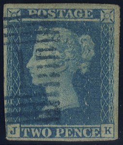 1841 2d blue Plate 3 J-K, 1844 Type Scots numeral cancel in BLUE, SG.14