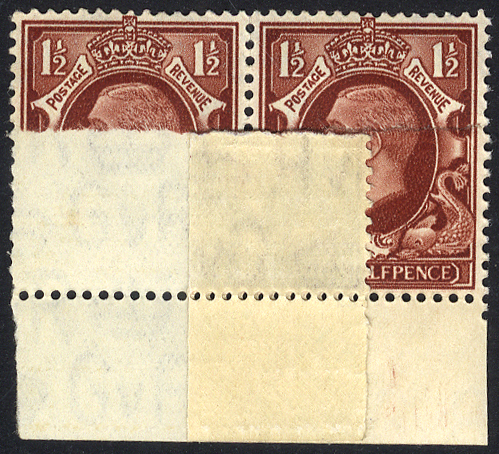 1934 Photogravure 1&frac12;d red brown - large format fine M lower marginal pair printed on double paper (variety) SPECTACULAR