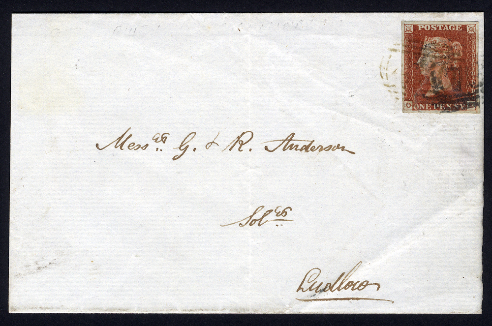 1845 cover to Ludlow, 1841 1d red brown Pl.57 OE, boxed oval numeral 'A86' of Knighton & '708' of Shrewsbury. BPA Cert.