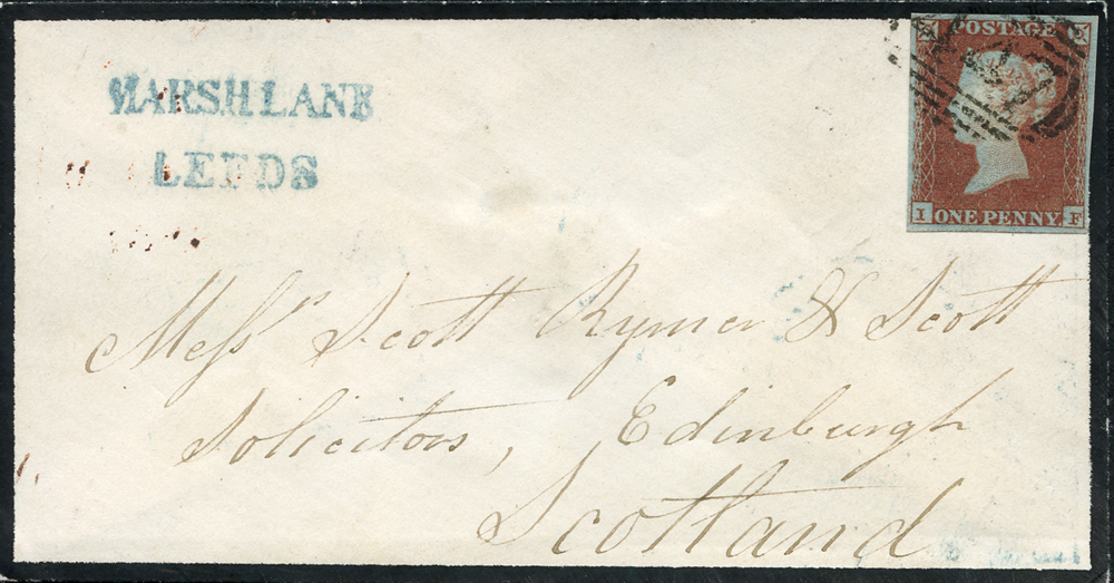 1851 mourning envelope from Leeds to Edinburgh, franked 1841 1d red