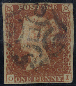 1841 1d red brown, four margins, distinctive Coventry Maltese Cross