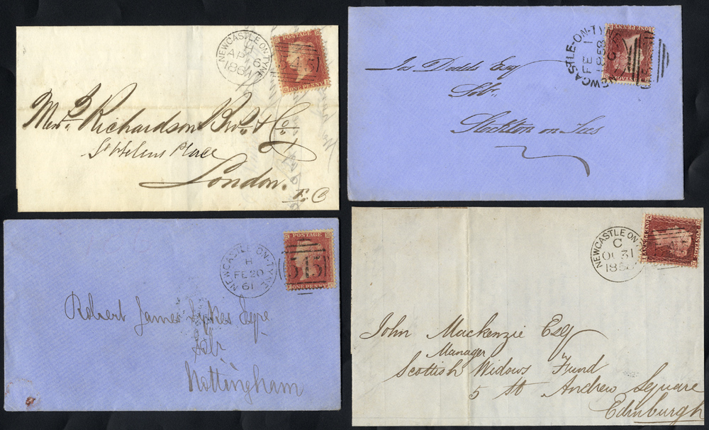 1858-61 four covers franked 1d Stars, Newcastle on Tyne '545' duplex - sideways & upright types