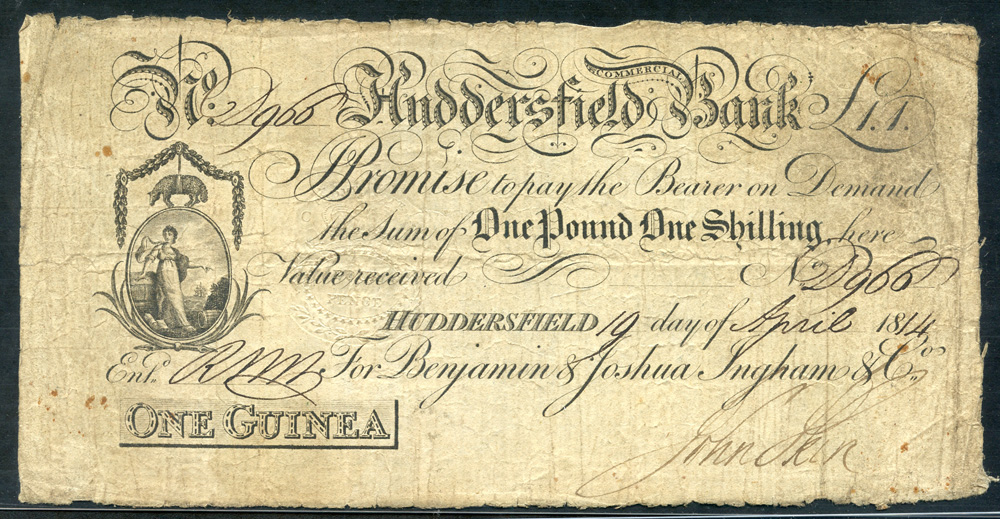 1814 Huddersfield Commercial Bank 1 guinea, Benjamin & Joshua Ingham & Co