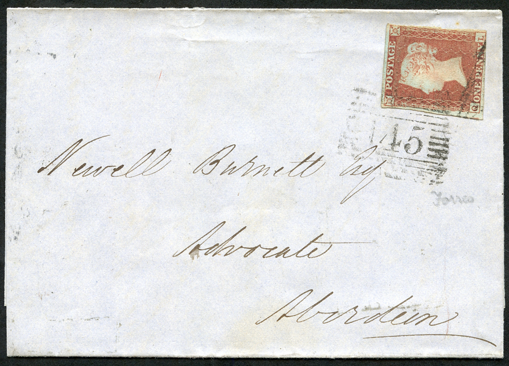 1850 1d red brown Plate 102 QL on cover from Forres to Aberdeen