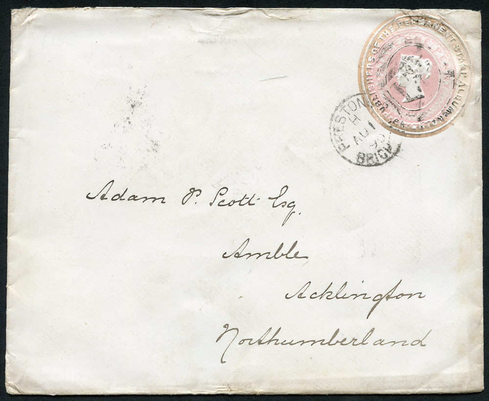 1890 1d pink stationery envelope from Brighton to Acklington, Northumberland with advertising ring