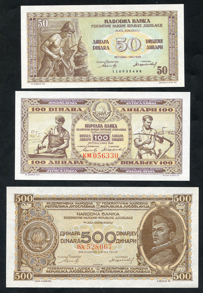 Yugoslavia 1946 50 dinara, 100 dinara & 500 dinara