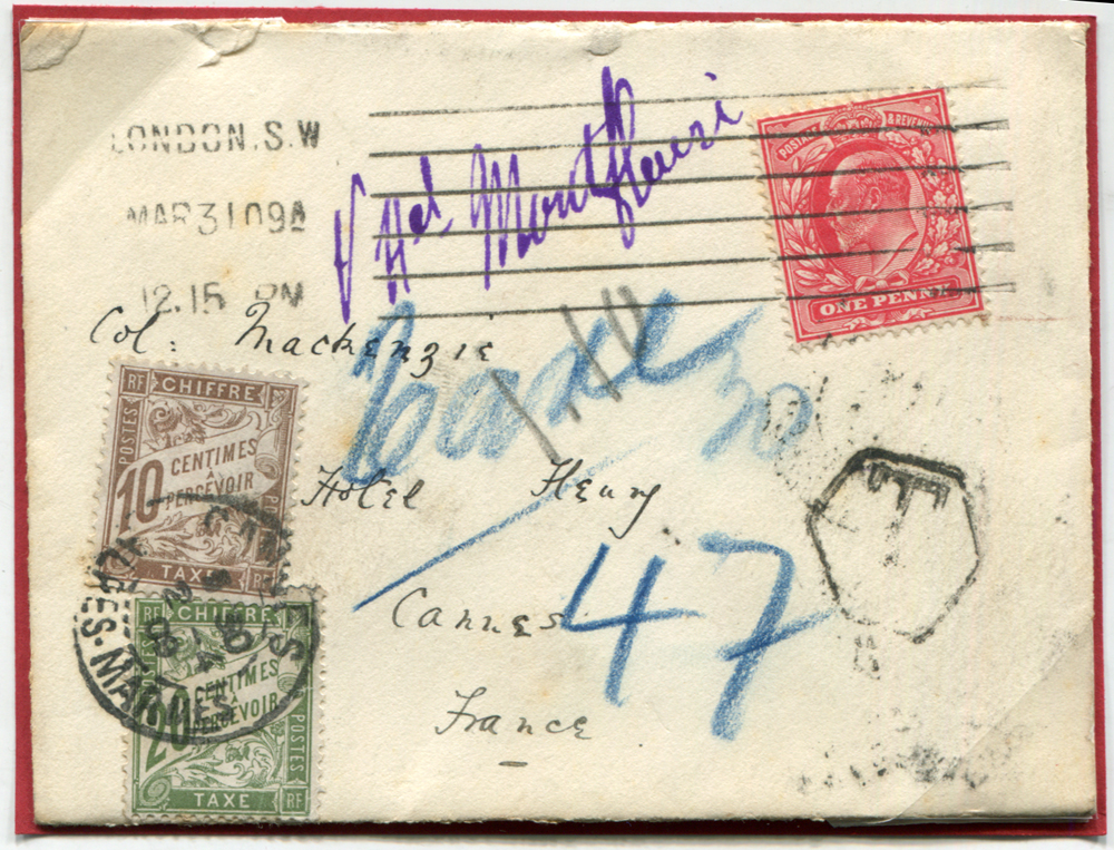 FRANCE 1909 envelope to Cannes, France, franked 1d Edward, London machine cancel, French 10c & 20c Dues