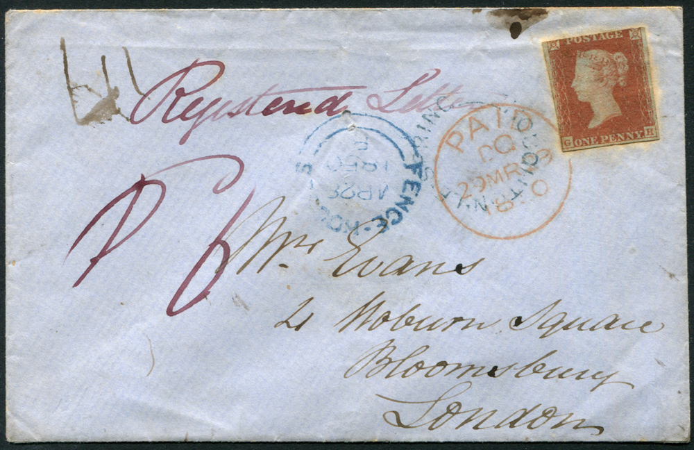 1850 1d red brown GH, three margined example on a registered envelope from Fencehouses (blue c.d.s), Houghton Le Spring (blue udc)