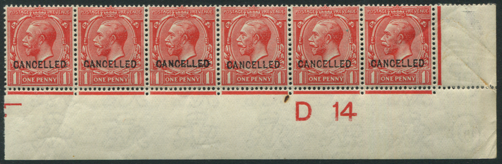 1912 1d scarlet, optd CANCELLED Type 24, corner marginal D14 Control strip of six, UM