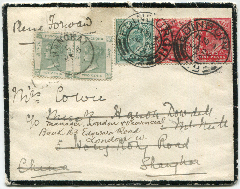 HONG KONG 1903 mourning envelope from Edinburgh to Shanghai, franked 1902 &frac12;d, 1d (pair), Edinburgh double ring c.d.s's & Shanghai arrival c.d.s.