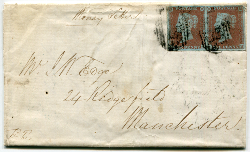 1852 cover from Runcorn to Manchester, endorsed 'Money Letter' franked 1841 1d pair HG/HH