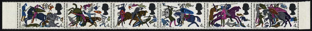 1966 Battle of Hastings 4d strip of six with GREEN OMITTED, UM