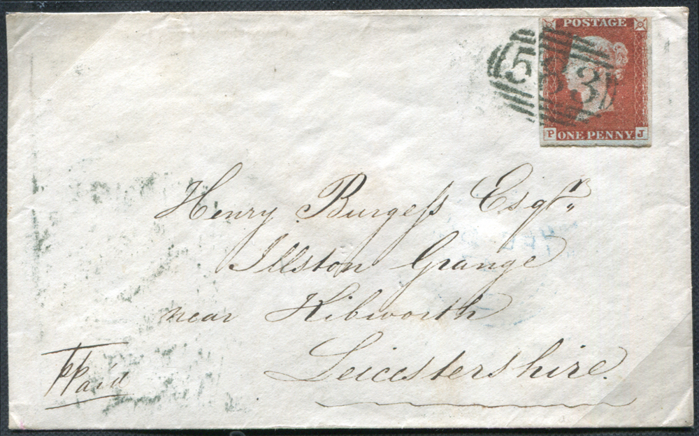 1847 Feb 5th envelope from Nottingham to Illston Grange, Kibworth, Leicestershire, franked 1d red brown Plate 69 PJ