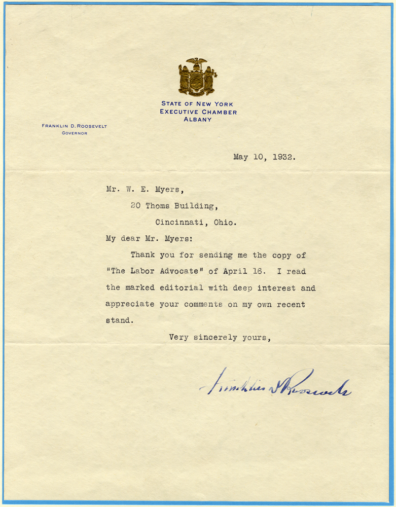 ROOSEVELT, FRANKLIN D 1882-1945 (American President 1933-45) typed letter on gold embossed stationery singed Franklin D. Roosevelt