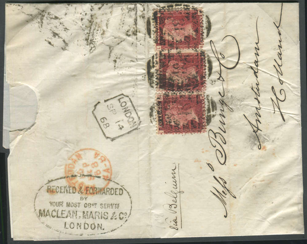 1868 cover to Holland via Belgium, franked 1d red Pl.108 x3