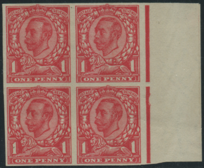 1912 1d scarlet (Die 2 Paper Trial) Imperforate block of four