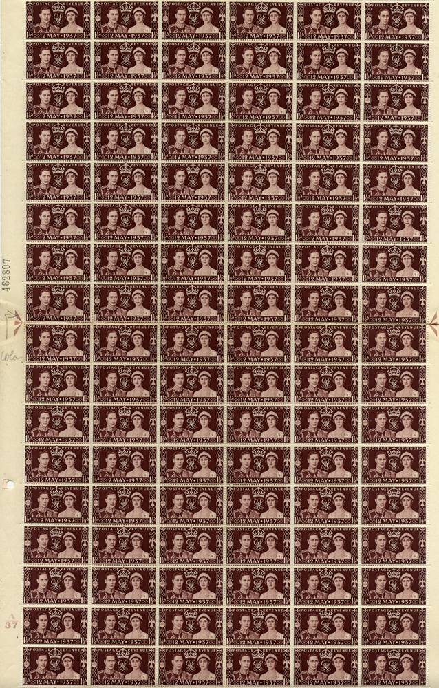 1937 Coronation complete sheet (Cylinder 7 No Dot) incl. varieties