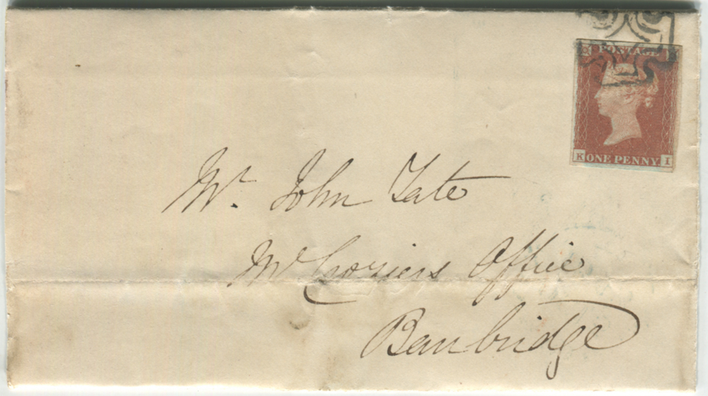 1843 cover from Dublin to Banbridge - franked 1841 1d red Plate 36 lett KI