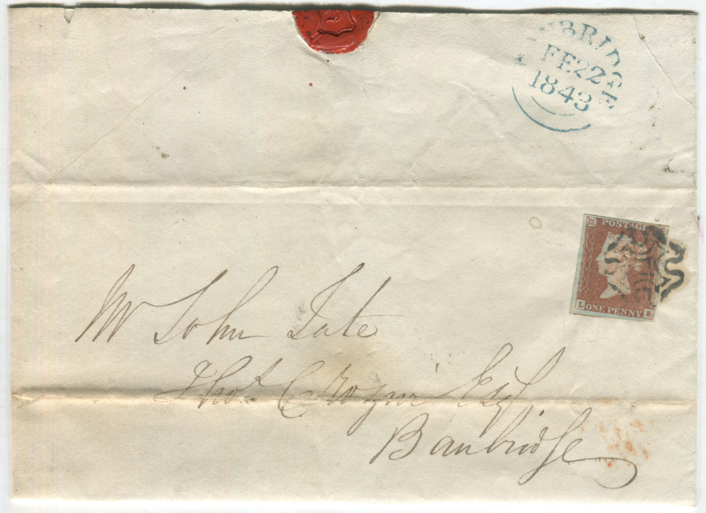 1843 cover from Dublin to Banbridge - franked 1841 1d red Plate 24 lett LE