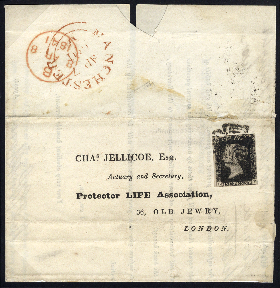 1841 April 7th cover from Manchester to London, franked Pl.9 LF