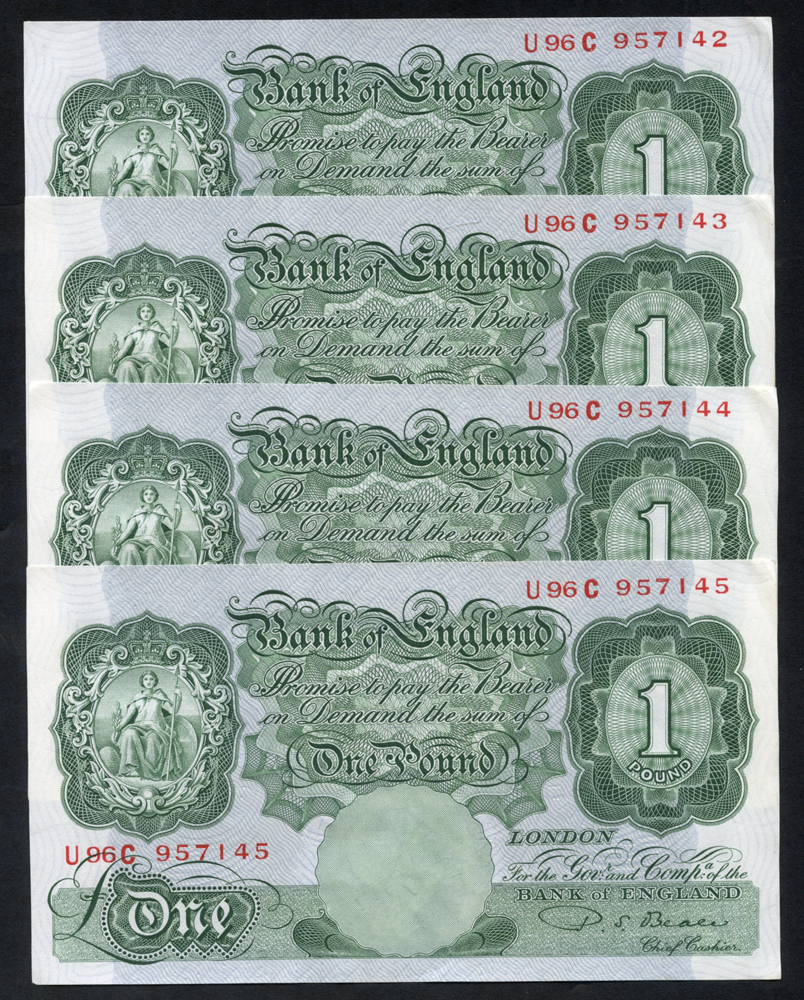 1950 Beale £1 green, consecutive run of four, a/UNC, Dugg B268