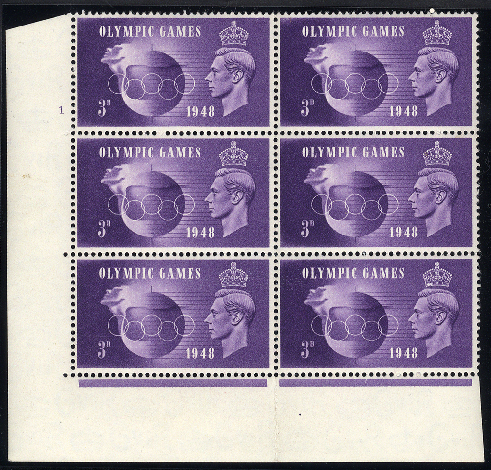 1948 Olympics 3d UM Cylinder block of six incl. variety 'crown flaw' retouched