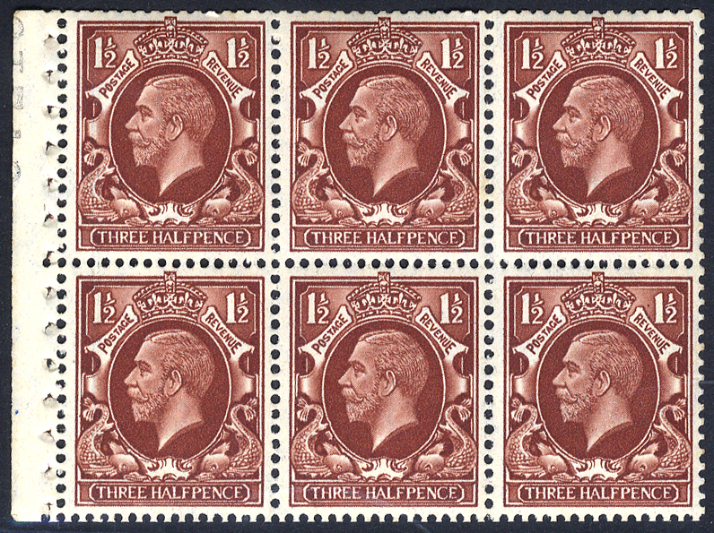 1934 Photogravure 1&frac12;d brown, Small Format watermark upright booklet pane of six UM