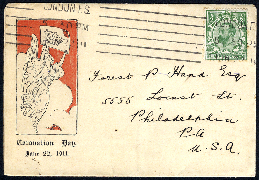 1911 Junior Philatelic Society pictorial envelope addressed to the USA - &frac12;d KGV Downey