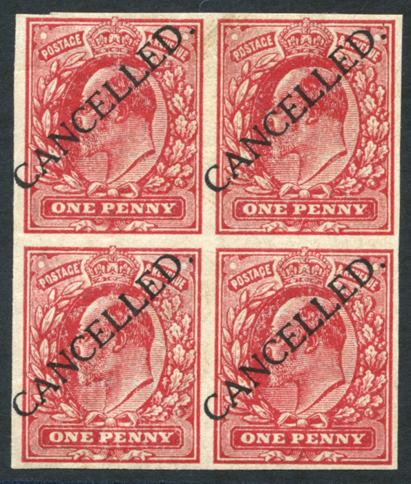 1911 Harrison 1d carmine IMPERFORATE BLOCK OF FOUR, Spec M6t, Cat. £600+