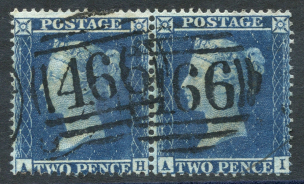 1858 2d blue wmk with large Crown - pair AH/AI, SG.36a, Cat. £750