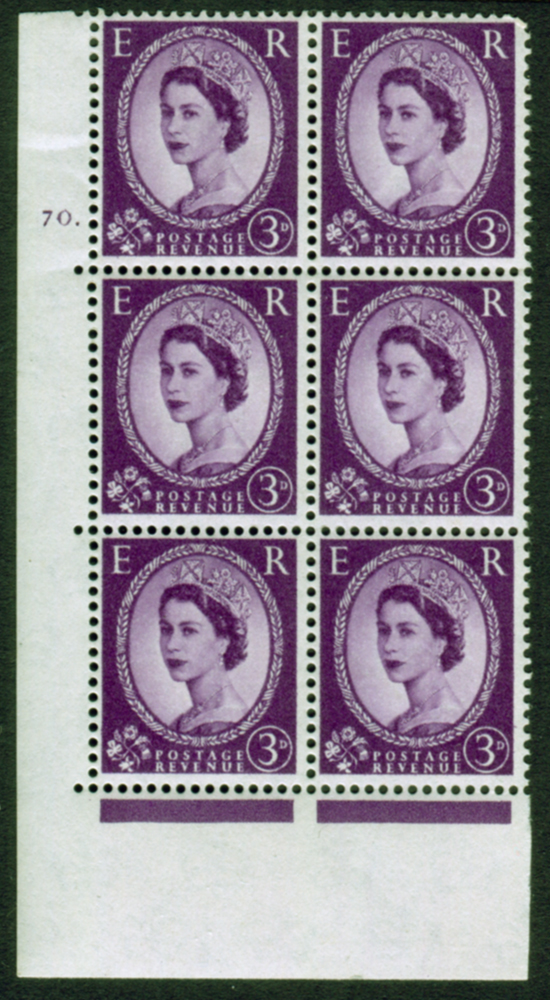 1958 Wilding 3d Crowns, white paper, Perf Type A, Cyl. 70 dot - block of six