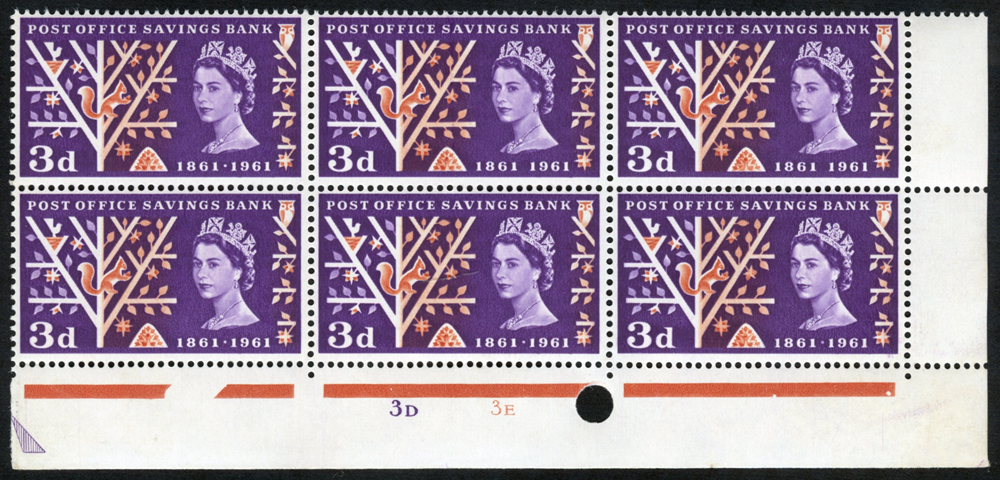 1961 P.O.S.B 3d Timpson printing Cylinder block of six, showing perf through margin