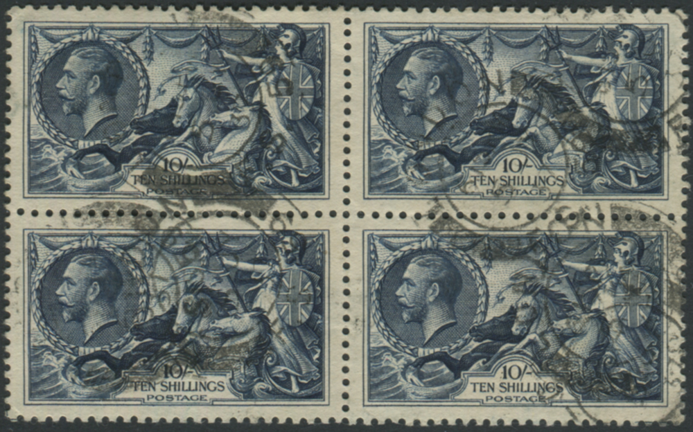 1934 Re-engraved 10s indigo block of four with London double ring c.d.s's