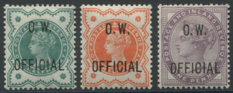 O.W OFFICIAL 1896 &frac12;d vermilion, &frac12;d blue-green & 1d lilac - fine MINT