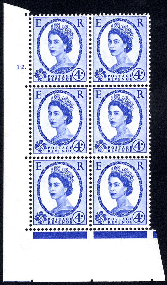 1958 Wilding 4d Crowns, white paper, Perf Type A, Cyl. 12 dot - block of six
