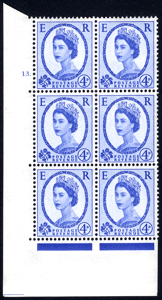 1958 Wilding 4d Crowns, white paper, Perf Type A, Cyl. 13 dot - block of six